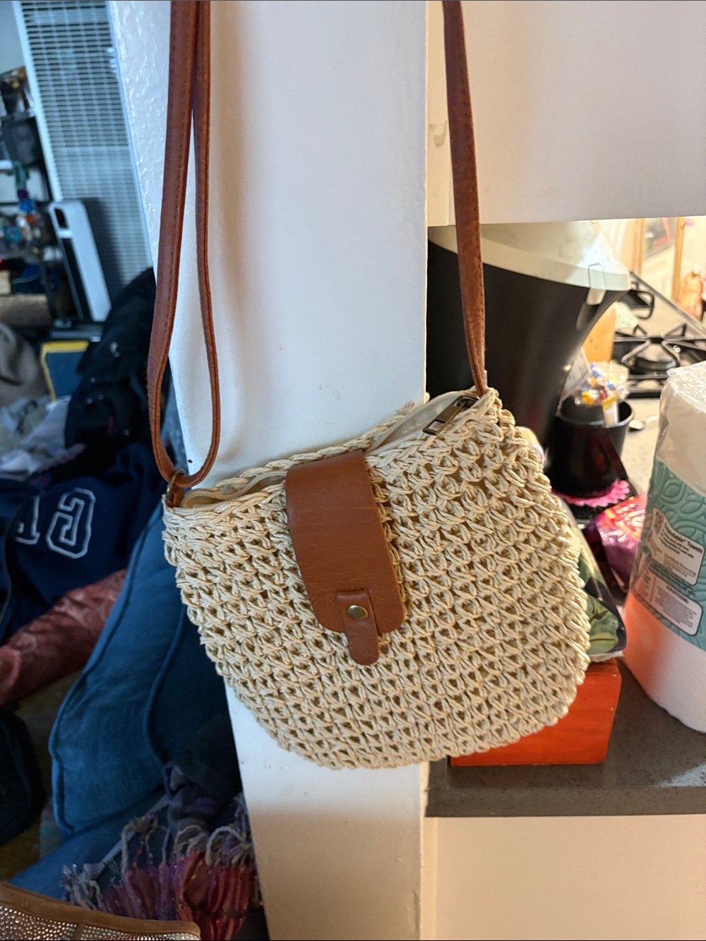 Woven Straw Crossbody Bag with Brown Trim